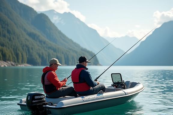 Zwei Personen beim Angeln auf einem Bergsee von einem Bergström Boot aus.