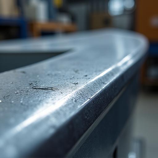 Nahaufnahme einer präzisen Schweissnaht am Aluminiumrumpf eines Bootes