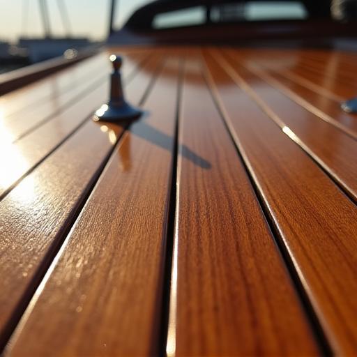 Detailaufnahme des polierten Holzdecks eines Bergström Bootes