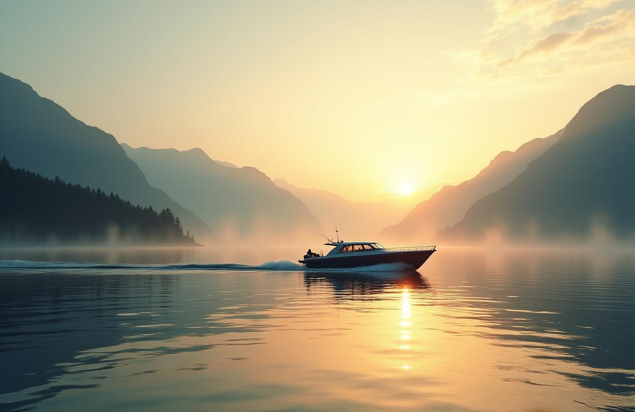 Bergström AquaCraft Fischerboot auf dem Vierwaldstättersee bei Sonnenaufgang